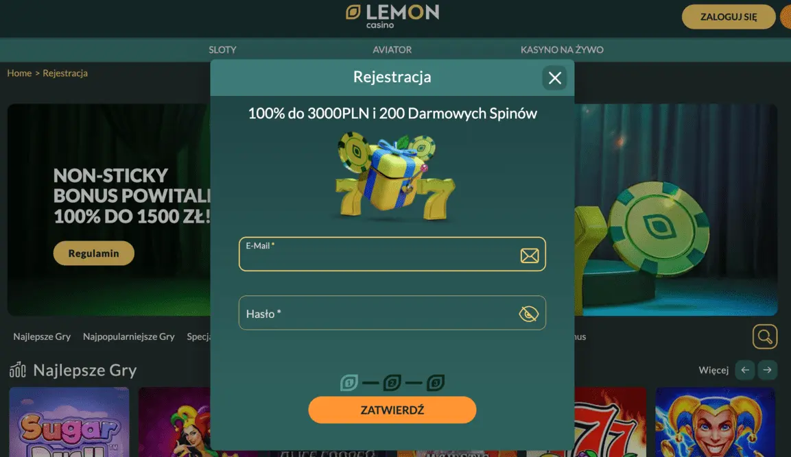 Formularz rejestracyjny Lemon Casino z polami na e-mail i hasło