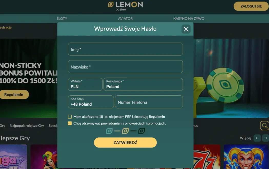 Formularz rejestracyjny Lemon Casino z polami na dane osobowe i potwierdzenie wieku