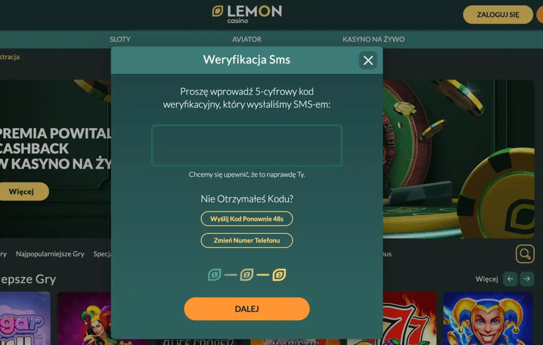 Ekran wprowadzenia kodu weryfikacyjnego w Lemon Casino