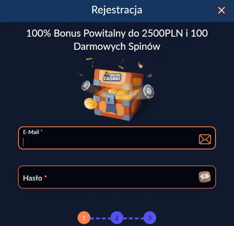 Pierwszym krokiem w rejestracji w Bison Casino jest wprowadzenie adresu e-mail i hasła.
