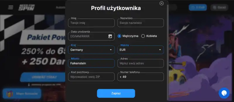 Rejestracja w kasynie Need for Spin, wprowadzenie danych osobowych