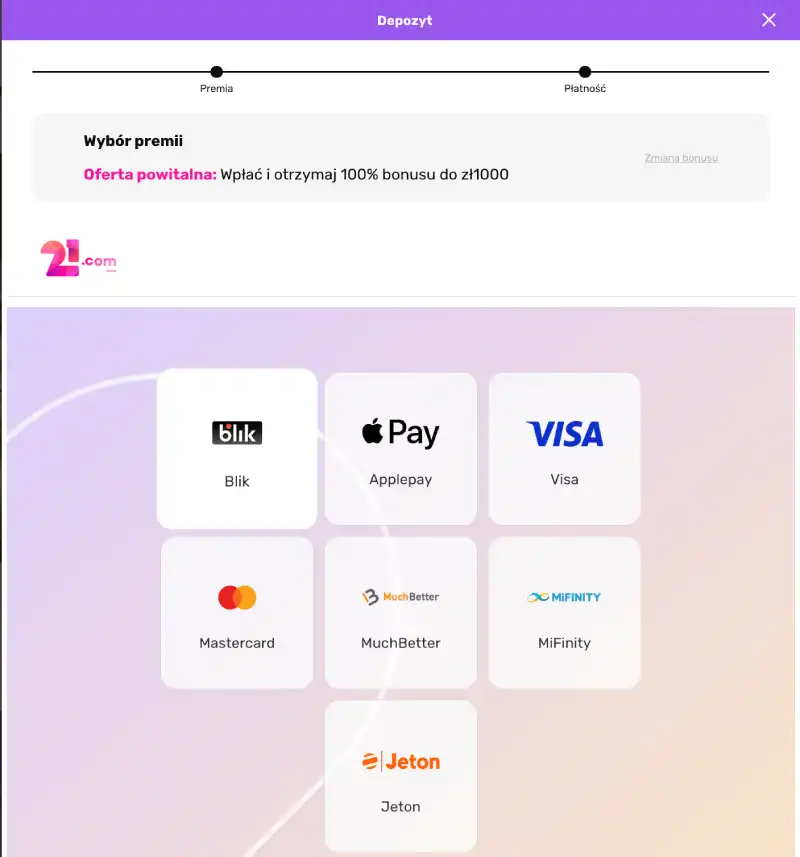 wpłata w kasynie 21.com, dostępne metody płatności