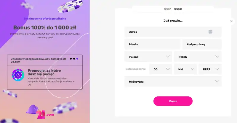 rejestracja w kasynie 21.com, wprowadzenie danych adresowych