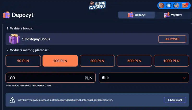 Dokonanie depozytu w Bison Casino, wprowadzenie kwoty depozytu