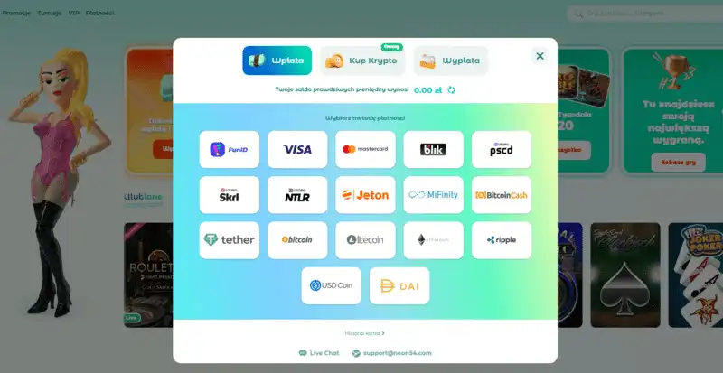 Dokonywanie wpłat w Neon54 Casino, lista wszystkich dostępnych metod płatności 