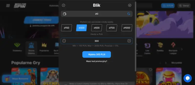 Wprowadzanie kwoty depozytu w kasynie Need for Spin za pomocą BLIK