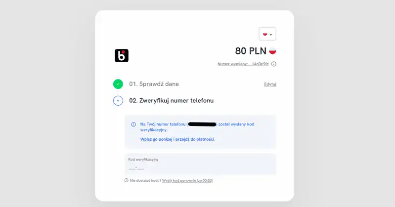 Weryfikacja konta Blik, wprowadzenie kodu potwierdzającego