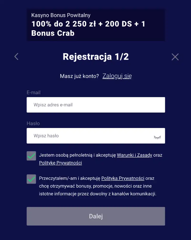 zarejestruj się w kasynie Frumzi, wprowadź swoje dane logowania