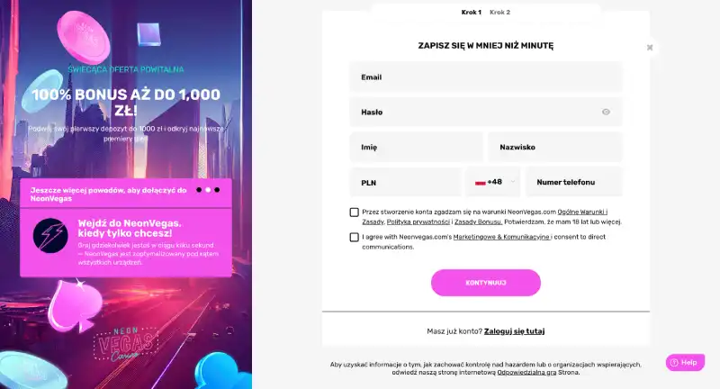 Rejestracja w Neon Vegas, wypełnianie danych logowania