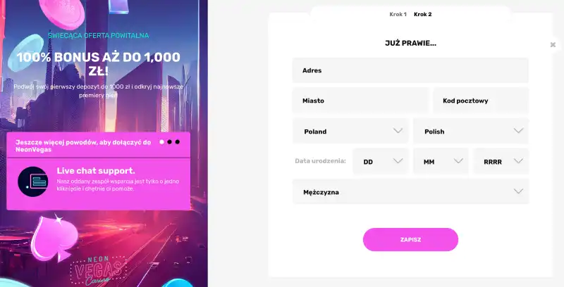 Rejestracja w Neon Vegas, wypełnianie danych adresowych