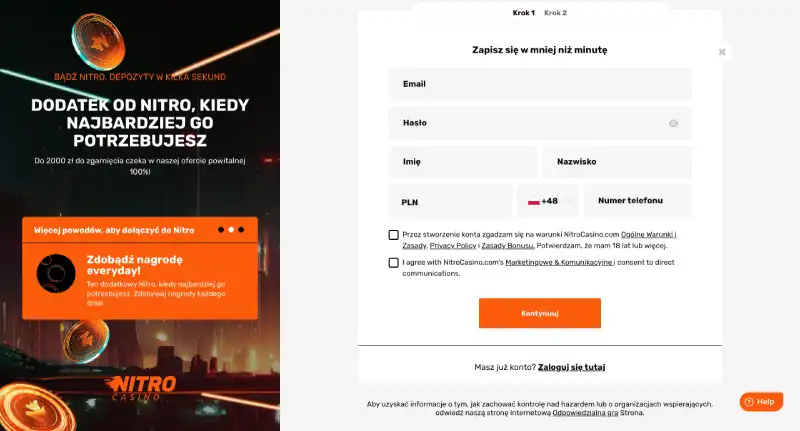 Nitro Casino rejestracja, wprowadzanie danych logowania